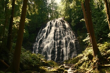 Majestic waterfall cascading down rocky cliff face in lush forest