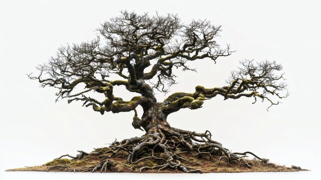 Mature tree with sprawling roots against a plain background.