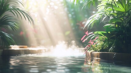 Tranquil Oasis Featuring Lush Greenery Flowing Waterfall and Serene Swimming Pool in Natural Setting