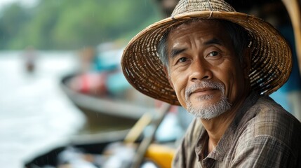 Asian Fisherman River Portrait, Boats Background