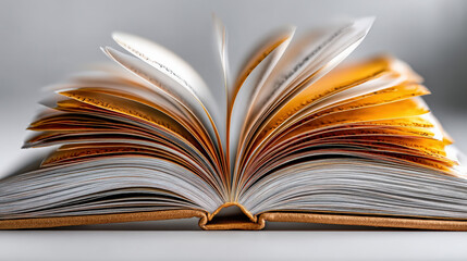 Fototapeta premium Open Book, Golden Pages: A close-up shot of an open book revealing fanned-out pages, showcasing warm golden hues and hinting at the wealth of knowledge within.