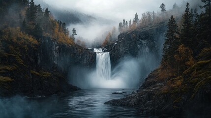 Misty waterfall cascading through rocky gorge