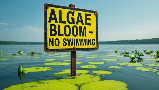 Algae Bloom Warning Sign in Lake
