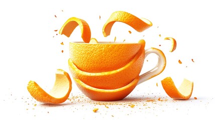 Creative tea cup made of orange peel with scattered citrus pieces on white background

