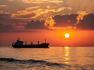 Naklejka premium The tranquil open ocean at sunset is the setting for silhouetted cargo ships under an orange and red sky, mirrored by the water's surface.