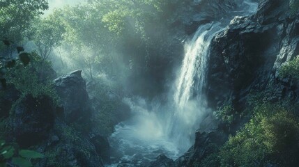 Obraz premium Misty waterfall plunges amidst lush vegetation