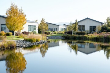 Obraz premium A serene suburban lake landscape with calm reflections.