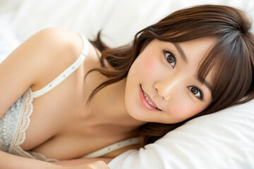 Naklejka premium ベッドの上の若い女性