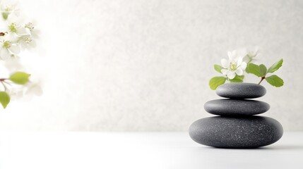 Three stacked smooth stones with delicate white flowers and green leaves, minimalist composition on a light background, and serene and tranquil setting.