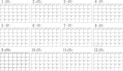 日曜だけ色付きのシンプルな2026年のマンスリーカレンダーの素材セット