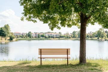 A tranquil suburban lakeside scene featuring a bench under a tree.