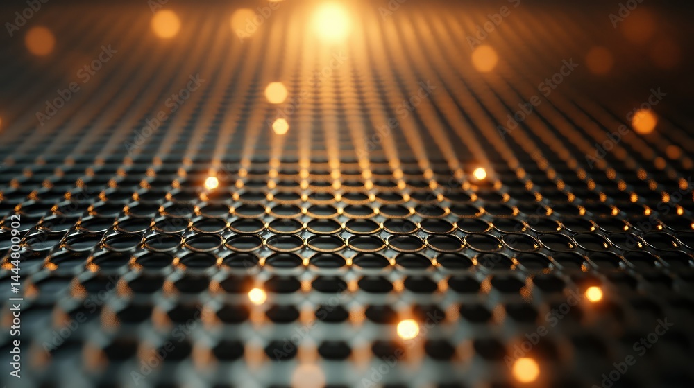 Poster close-up view of textured metallic surface with circular patterns and soft glowing lights, evoking a