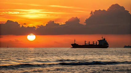 Obraz premium Cargo ships are seen in silhouette on a calm sea as the sun sets in vibrant shades of orange and red, casting reflections on the water