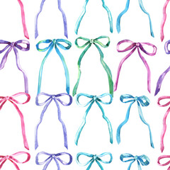 Pastel colored bows, ribbons. Seamless pattern, digital paper. Watercolor illustration.