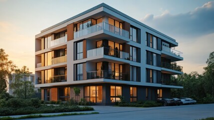Obraz premium Modern apartment building at dusk, showcasing contemporary design and serene ambiance