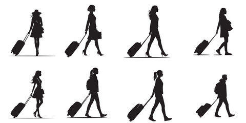 People silhouettes walking luggage, travel concept. Diverse travel icons show travel