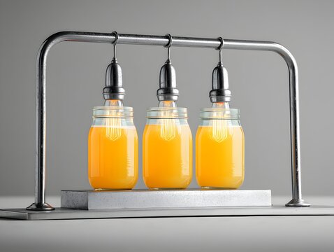 Fototapeta Three mason jars filled with orange juice illuminate a modern minimalist metal light fixture design.