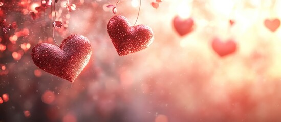 Romantic hearts hanging on branches, warm light, bokeh, love, valentine's day, background image