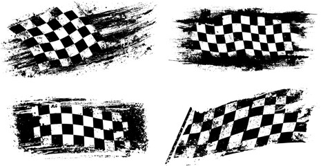 Four variations of a grunge-style checkered racing flag. Each flag displays the classic black and white squares with a distressed, textured effect around the edges, suggesting speed and competition.