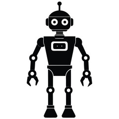 robot silhouette vector illustration with white background, robot silhouette icon, Two retro-style robot illustrations with square heads and mechanical limbs, black and white vector graphics, Robot.