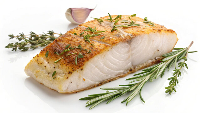 A baked fillet of fatty yellowtail amberjack fish with herbs on transparent or white background