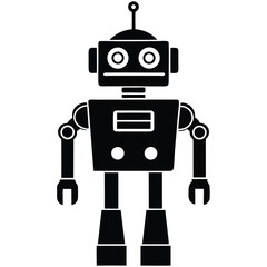 robot silhouette vector illustration with white background, robot silhouette icon, Two retro-style robot illustrations with square heads and mechanical limbs, black and white vector graphics, Robot.