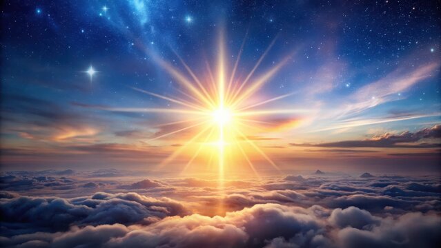 A serene celestial sky with a soft glowing aura surrounding a radiant star, reflecting an ethereal light that transcends mortal understanding , luminous, religious