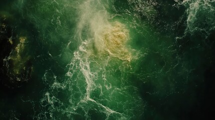 High-angle view of turbulent emerald green water with swirling patterns.