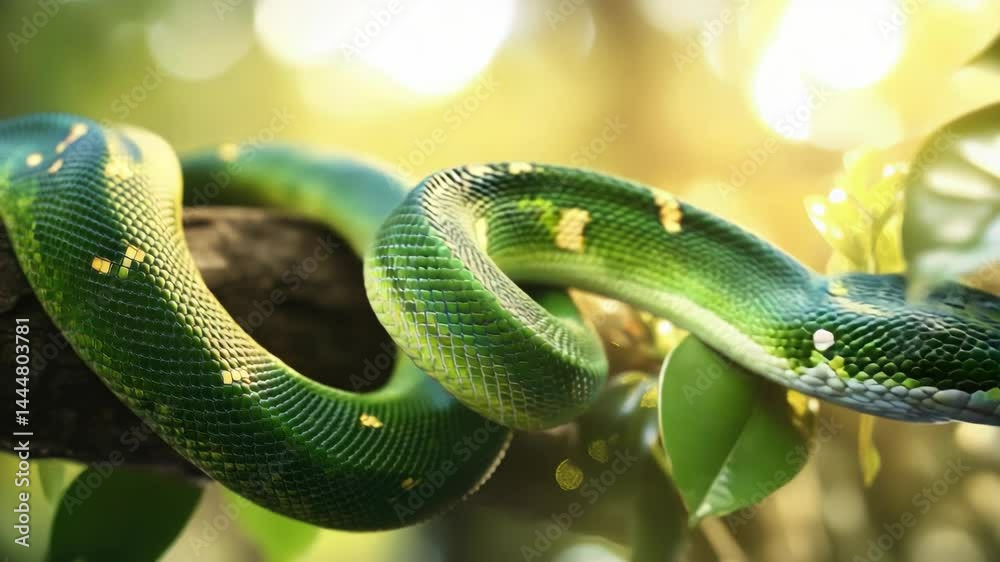 Poster a green snake coiled around a tree branch
