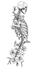 Fototapeta premium Anatomical Elegance A Monochrome Illustration of Skeleton and Floral Intertwining Design
