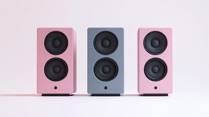 Three pastel colored stereo speakers.