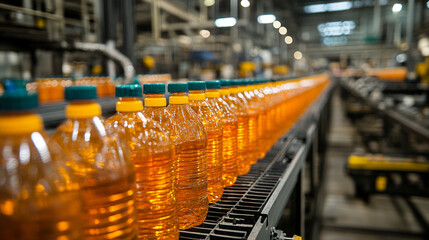 Naklejka premium Production line of orange juice bottles at a factory during daytime operation with focused machinery and workers