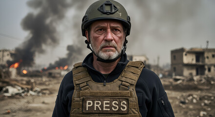 a war correspondent wearing a press vest and helmet, blurred conflict background