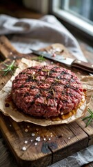 Obraz premium Closeup of seasoned raw vegan patty on wood board with sea salt and herbs