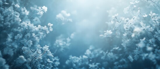 Serene blue blossoms, misty garden, tranquil background, spring card