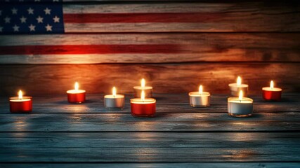 A grouping of lit candles in front of the American flag, suitable for patriotic events or memorial services
