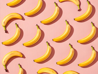 Bananas neatly arranged at equal intervals. Pink background. Background material. Beauty. Sweets. Sweets.