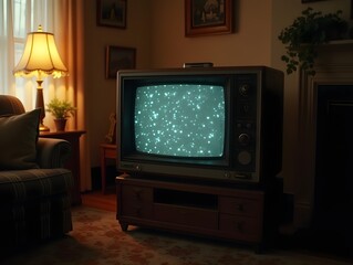 Step back in time with an old TV displaying static in a cozy living room scene.