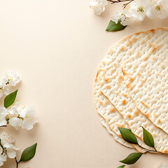 Passover Matzahs Surrounded by Delicate Flowers on Light Beige Surface