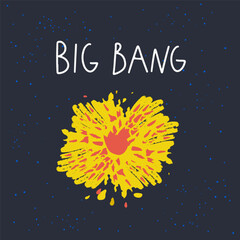 Cute funny children's illustration of the big bang on a dark blue background