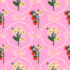 Coquette pattern of white flowers and strawberries on a pink background. Preppy background for wallpaper or wrapping paper.
