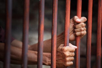 Obraz premium Hands Gripping Metal Bars in Dark Setting of a Prison or Cell