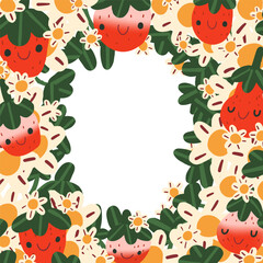 Bright colorful vector illustration template for a card with cheerful strawberries and flowers, vector illustration