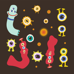 Set of colorful funny aliens and eyes. Vector illustration on a brown background