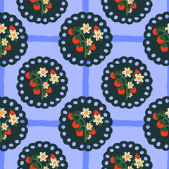 Floral seamless pattern with hand drawn cute flowers, garden blooming on a blue background. Cottage core aesthetic.