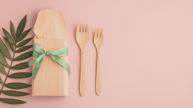 Bamboo Cutlery Set with Green Ribbon on Pink Background