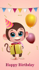 Adorable monkey with a gift in his hands. Card design template *Happy Birthday"