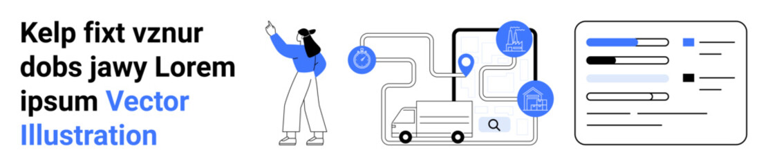 Person pointing at delivery route map with truck, location pins, and analysis charts. Ideal for logistics, delivery service, route planning, navigation, analytics, tracking simple landing page