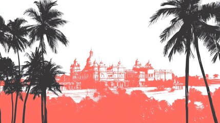 Obraz premium Mysore Palace Coral Sunset Silhouette.