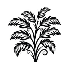Stylized Silhouette Floral Bush, Curly Stem, Black Leafy Outlines, White Backdrop